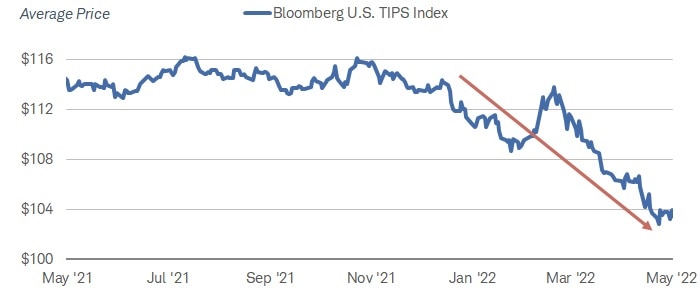 The average price of the Bloomberg U.S. TIPS Index has declined sharply in 2022. 