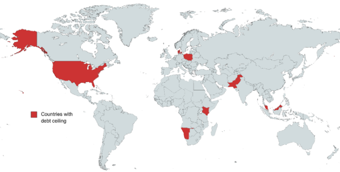World map indicating countries with debt ceiling policies in red.